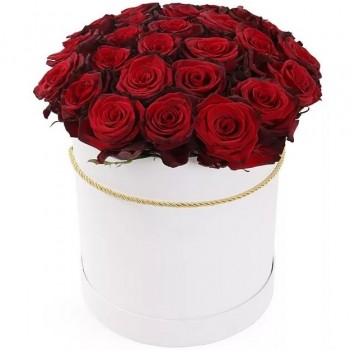 25 red roses in cylinder shape hat box