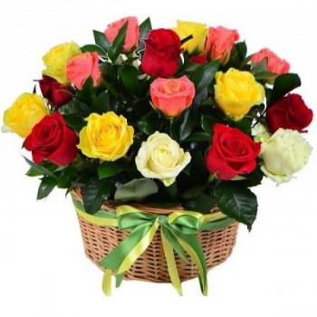 17 different colored roses in a basket