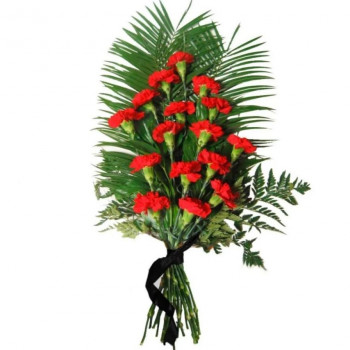16 red carnations with greens and black ribbon